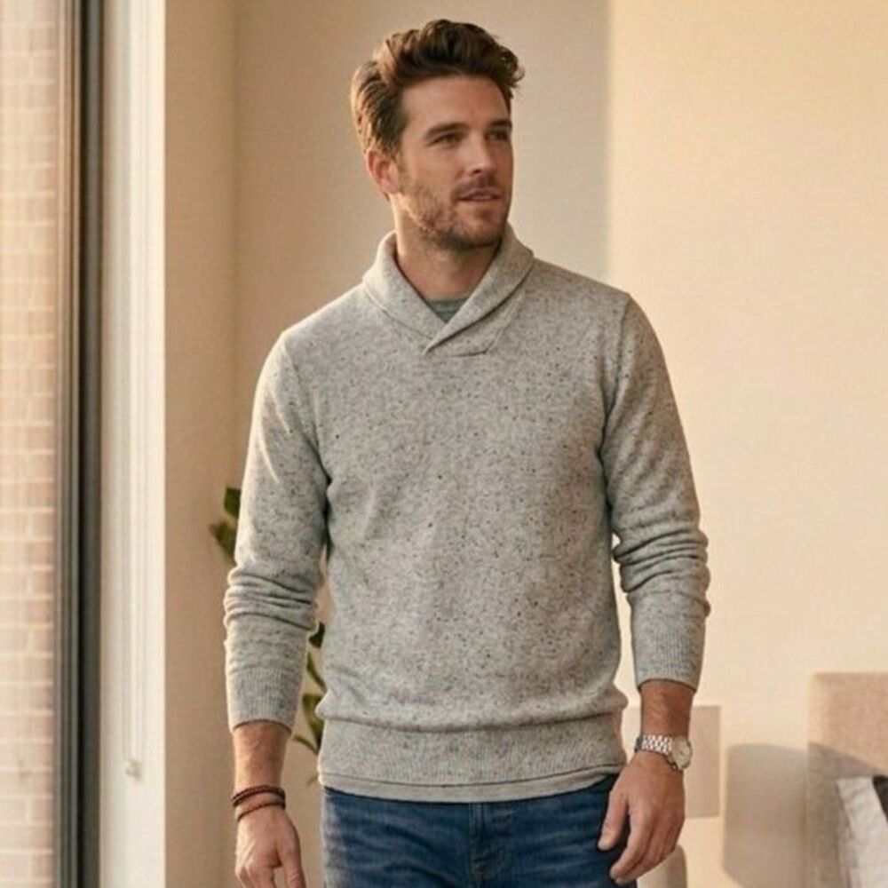 The Rail Mens Small Grey Sweater Shawl Collar Pullover Marl Cotton Knit Speckled